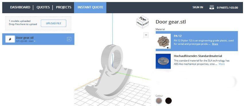 Screenshot of instand pricing for 3D prined parts tool