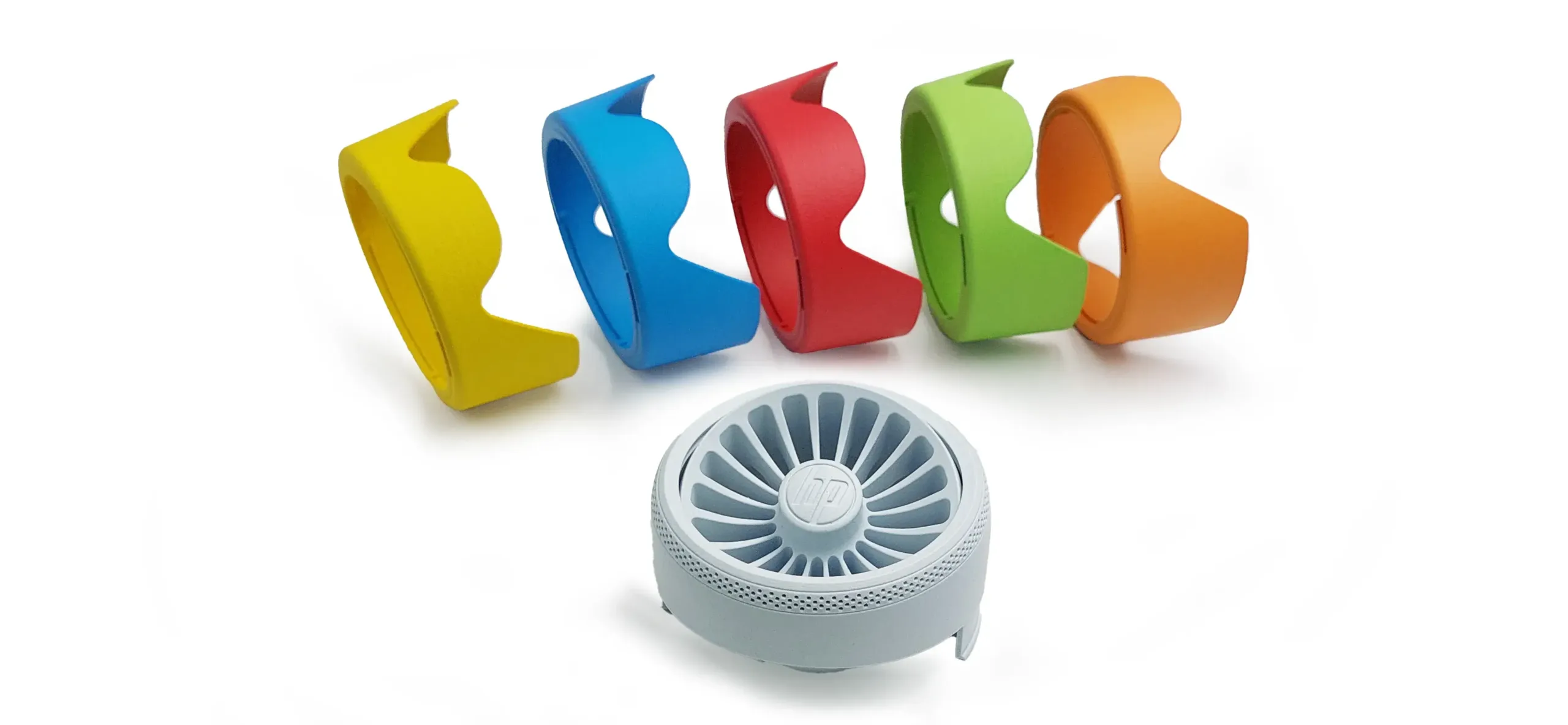 3d printed white PA 12W fan with yellow, blue, red, green and orange colored frame